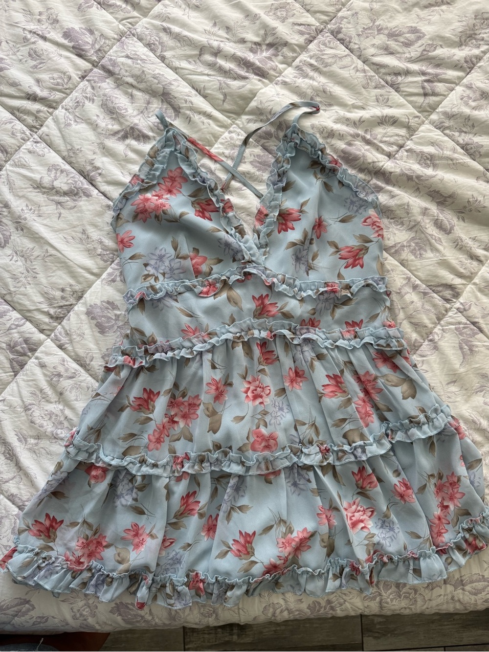 Windsor Light Blue Floral Ruffle Mini Dress with Pink Blooms